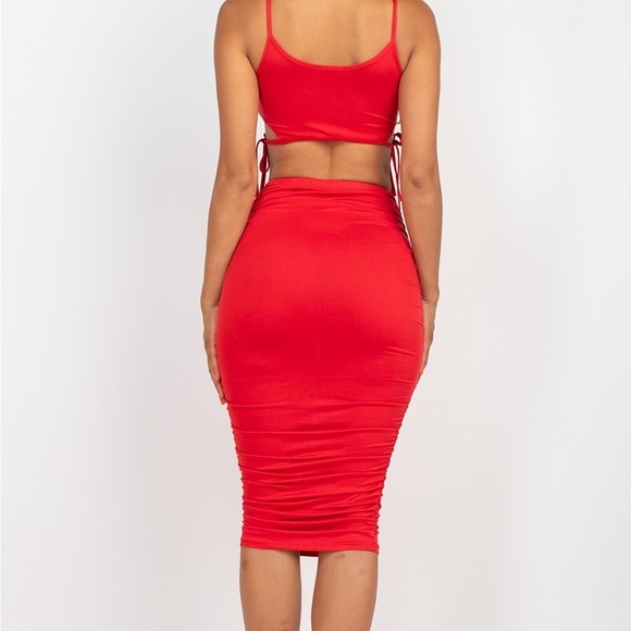 NEW Sexy Red Crop Top & Ruched Midi Skirt Set - Picture 9 of 11